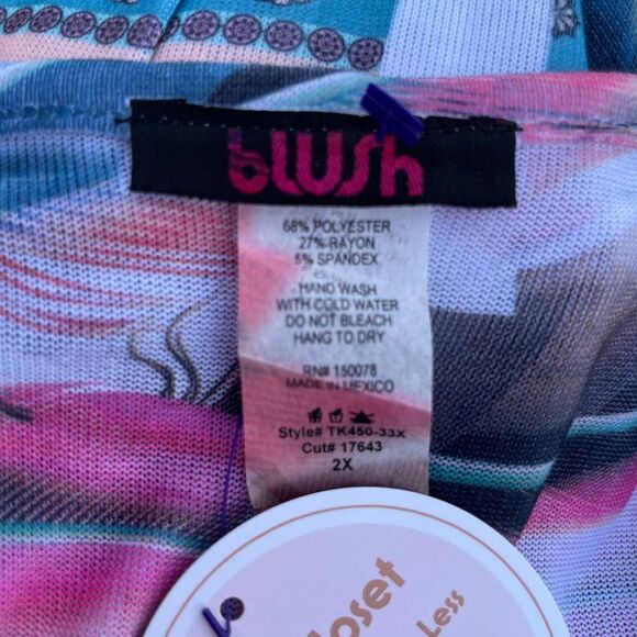 blush Light Asymmetrical Blouse Blue Pink Tan Feathers Size 2X - Picture 4 of 7